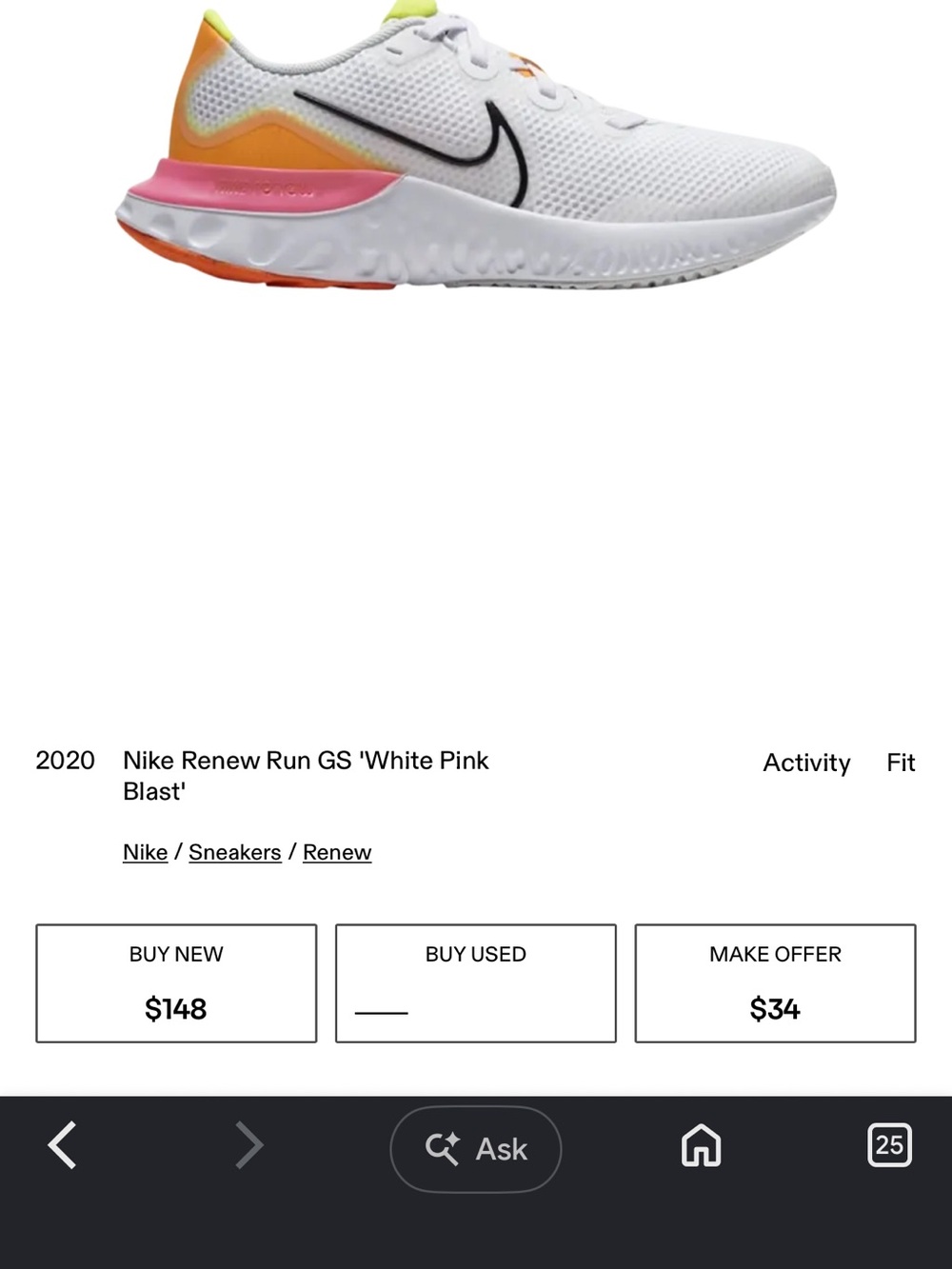 Nike White Running Shoe with Pink and Orange Accents
